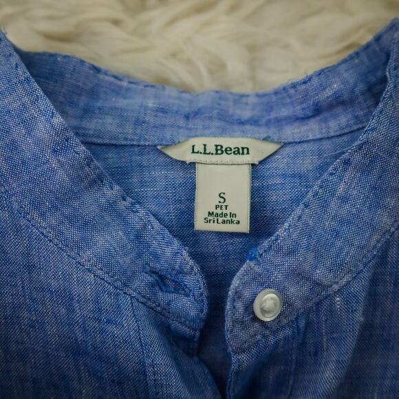 L.L. Bean Size Small S Petite Blue Mandarin Collar Button Long Sleeve Linen Top - Picture 3 of 6